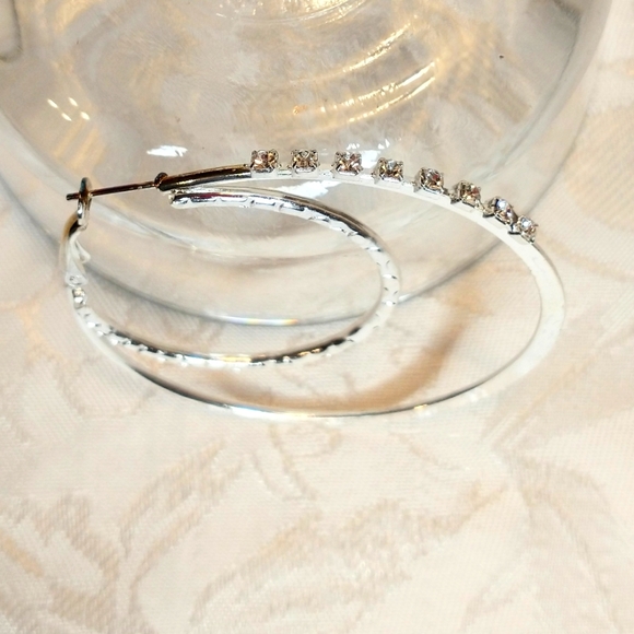 Monaco Double Circle Silver Hoop Earrings with Clear Rhinestones - Picture 6 of 7